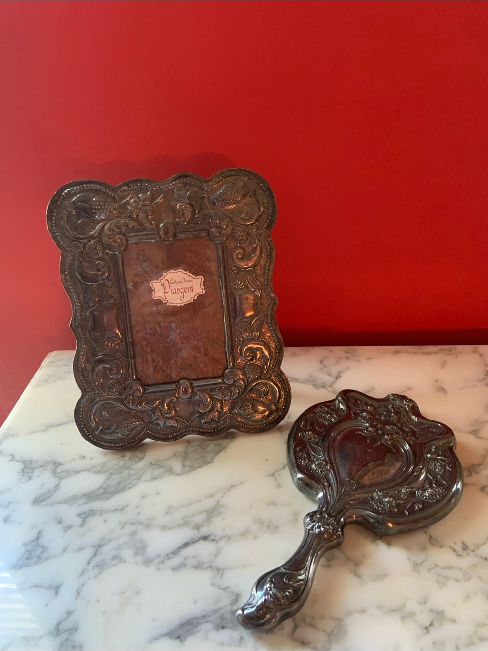 Antique Ornate Silver-Tone Picture Frame and Hand Mirror